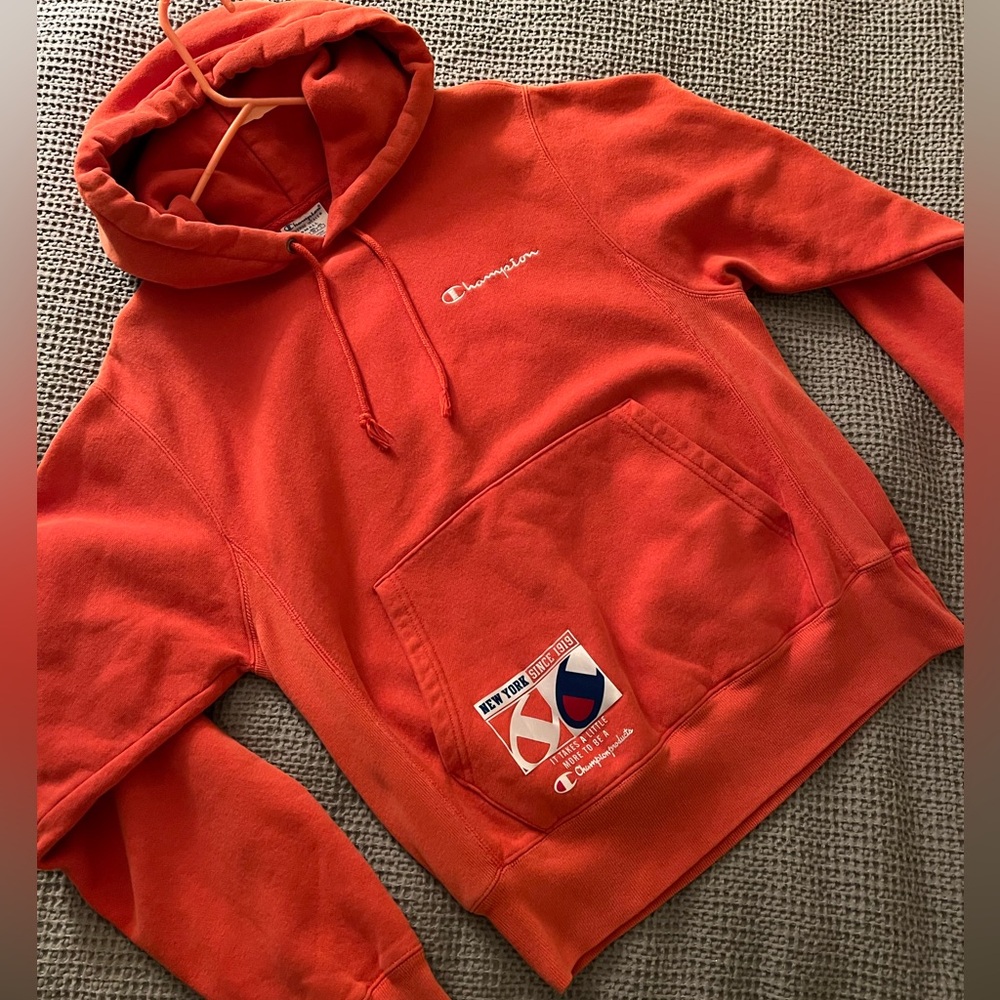 Champion New York Orange Sweatshirt Hoodie Size Small